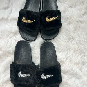 Nike Black Fuzzy Slide Sandals with Gold and Silver Crystal Swooshes